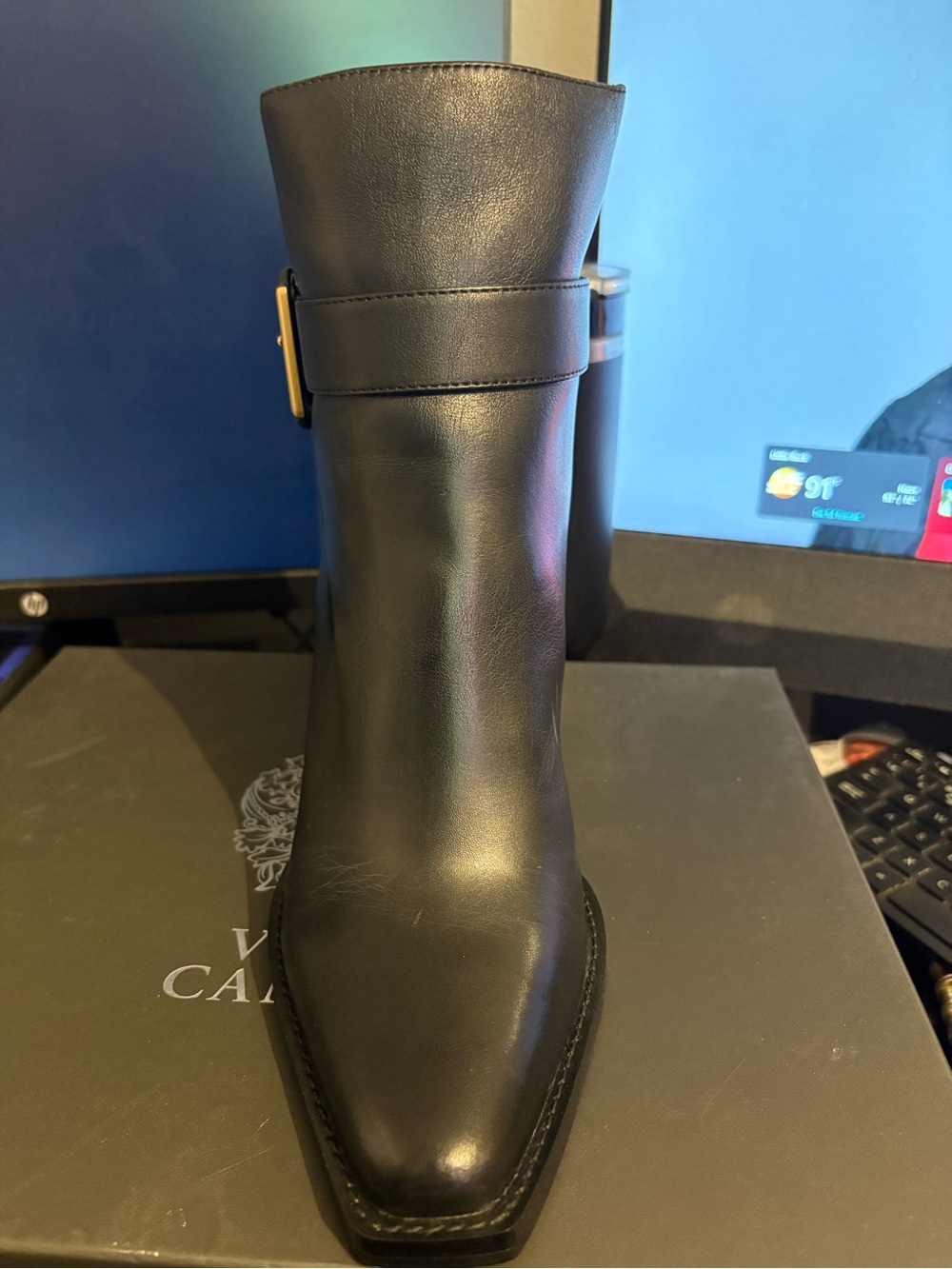 Vince Camuto Black Leather Mid-Calf Ankle Boot with Gold Buckle